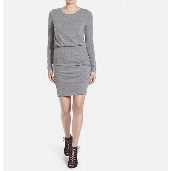 LEITH Long Sleeve Wrap Style Ruched Dress Scoop Neck Bodycon Knit Gray Size S - Picture 1 of 11